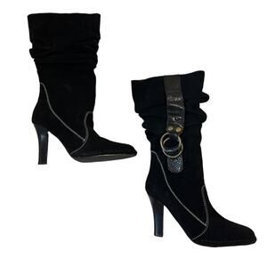 Hot In Hollywood Black Suede Leather Slouchy Heel Boot